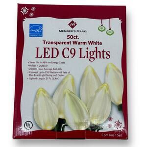 Member's Mark 50 ct. Transparent Warm White LED C9 String Lights 21' Christmas